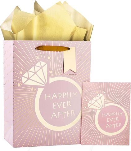 Loveinside Wedding Gift Bag with Tissue Paper, Gift Tag and Greeting Card for Wedding, Birthday, Party, and More - 10" x 5" x 13", 1 Pcs, Wedding Ring Pink in Saudi Arabia