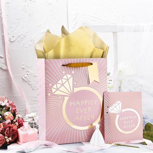 Loveinside Wedding Gift Bag with Tissue Paper, Gift Tag and Greeting Card for Wedding, Birthday, Party, and More - 10" x 5" x 13", 1 Pcs, Wedding Ring Pink in Saudi Arabia