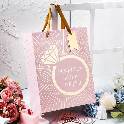 Loveinside Wedding Gift Bag with Tissue Paper, Gift Tag and Greeting Card for Wedding, Birthday, Party, and More - 10" x 5" x 13", 1 Pcs, Wedding Ring Pink in Saudi Arabia
