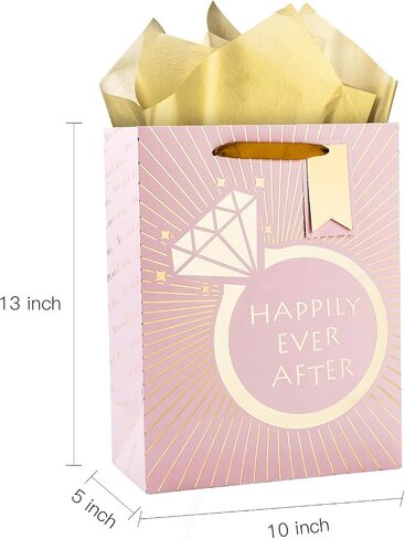 Loveinside Wedding Gift Bag with Tissue Paper, Gift Tag and Greeting Card for Wedding, Birthday, Party, and More - 10" x 5" x 13", 1 Pcs, Wedding Ring Pink in Saudi Arabia