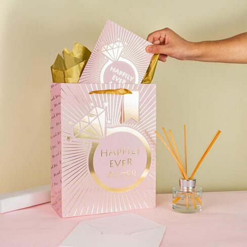 Loveinside Wedding Gift Bag with Tissue Paper, Gift Tag and Greeting Card for Wedding, Birthday, Party, and More - 10" x 5" x 13", 1 Pcs, Wedding Ring Pink in Saudi Arabia