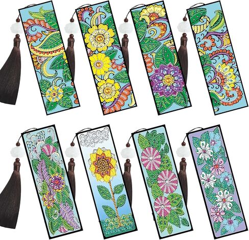 8 Pack Diamond Painting Bookmarks - Flowers, Art Bookmark Kit with Tassel, Resin, Rhinestone, Leather for Adults DIY Beginner in Saudi Arabia