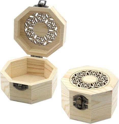 My Mironey 3.7 "× 2.4" صندوق خشبي غير مكتمل مع غطاء نمط مجوف المنحوت المنحوت Octagon مربع خشب غير مصقول مربع تخزين DIY مع غطاء مفصلي وحزمة المشبك الأمامية من 2 in Kuwait