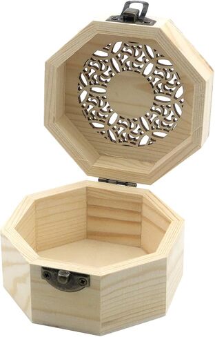 My Mironey 3.7 "× 2.4" صندوق خشبي غير مكتمل مع غطاء نمط مجوف المنحوت المنحوت Octagon مربع خشب غير مصقول مربع تخزين DIY مع غطاء مفصلي وحزمة المشبك الأمامية من 2 in Kuwait