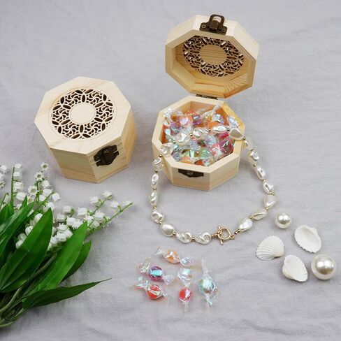 My Mironey 3.7 "× 2.4" صندوق خشبي غير مكتمل مع غطاء نمط مجوف المنحوت المنحوت Octagon مربع خشب غير مصقول مربع تخزين DIY مع غطاء مفصلي وحزمة المشبك الأمامية من 2 in Kuwait