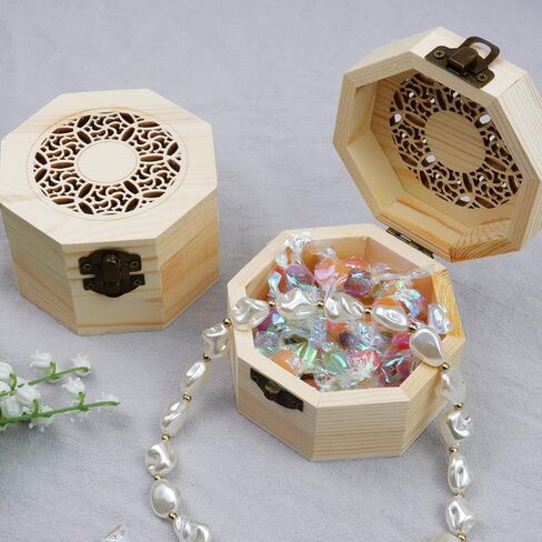 My Mironey 3.7 "× 2.4" صندوق خشبي غير مكتمل مع غطاء نمط مجوف المنحوت المنحوت Octagon مربع خشب غير مصقول مربع تخزين DIY مع غطاء مفصلي وحزمة المشبك الأمامية من 2 in Kuwait