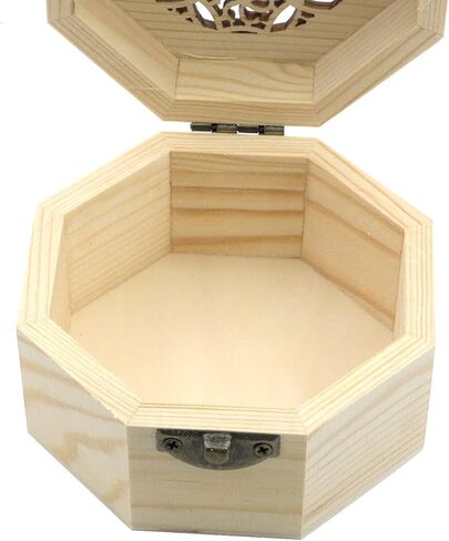 My Mironey 3.7 "× 2.4" صندوق خشبي غير مكتمل مع غطاء نمط مجوف المنحوت المنحوت Octagon مربع خشب غير مصقول مربع تخزين DIY مع غطاء مفصلي وحزمة المشبك الأمامية من 2 in Kuwait