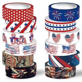 Independence Day Washi Tape Set,12 Rolls Patriotic USA Flag Decorative Tape 4th of July Red Blue White Masking Tape for Journaling Supplies, Scrapbooking, DIY Arts & Crafts, Gift Wrapping