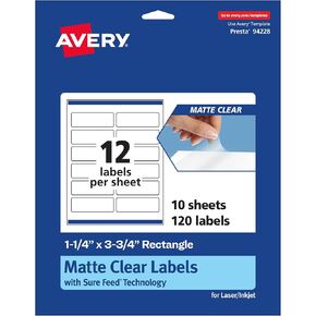 Avery Matte Clear Rectangle Labels with Sure Feed, 1.25" x 3.75", 120 Matte Clear Labels, Print-to-The-Edge, Laser/Inkjet Printable Labels