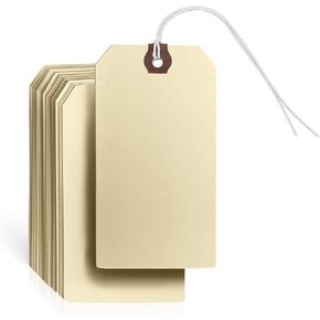 GILLRAJ® Shipping Tags with Wires Pre- Attached, Size 4 3/4 x 2 3/8 inches - Pack of 100 - Manila Paper Hang Tags Labels Reinforced Eyelet Hole