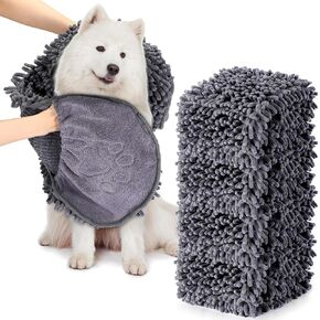 Newwiee 4 Pcs Large Dog Shammy Towel for Drying 32 x 14 in Microfiber Absorbent, Quick Drying Dog Bath Towel with Hand Pocket, Machine Washable for Pet Puppy Cleaning Shower Supplies(Grey)