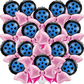 Lewtemi 16pcs Pink Aluminum Foil Balloons, 18" Wheels & Bow Balloons Set for Gender Reveal, Baby Shower, Wedding, Birthday Party Decoration