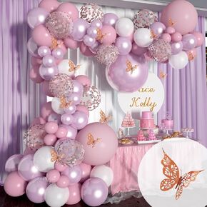 Soonlyn Butterfly Baby Shower Decorations 140 Pcs Pink Balloon Arch Kit with Butterfly Stickers, Lilac Purple Metallic Rose Gold Confetti Balloons for Birthday Decorations Girl 18 In 12 In 10 In 5 In