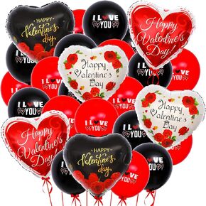 KatchOn, Happy Valentines Day Balloons - Big, Pack of 26 | Black and Red Heart Shaped Balloons for Valentines Day Decorations | Heart Balloons, Valentines Balloons, Romantic Decorations Special Night
