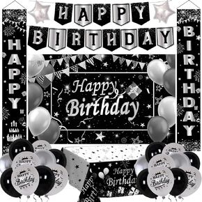 Black Birthday Decorations for Men Women, Black and Silver Party Decorations Boys Girls with Black Happy Birthday Banner Tablecloth Backdrop Porch Sign Door Decorations, Black Bady Party Supplies