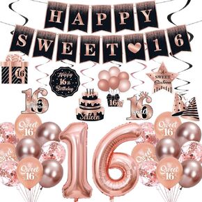 Sweet 16 Party Decorations,16th Birthday Decorations For Girls Pink Rose Gold Happy Sweet 16 Banner Party Supplies with 18Pcs Sweet 16 Balloons, Number 16 Foil Balloons, 8Pcs Hanging Swirls