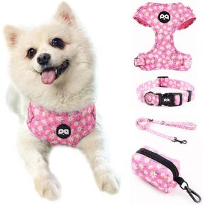 Dog Collar Leash with Poo Bag 4-Piece Set, Adjustable No-Pull Soft Mesh Vest, Easy to Put On and Take Off, Adjustable for Comfort, Easy to Walk, Breathable Padded Floral Color-Changing Pet Vest