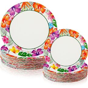 Havawish 60 Pcs Summer Party Paper Plates Disposable Round Paper Plates Dessert Party Plates for Summer Spring Hawaiian Birthday Party Decoration, 7 Inch and 9 Inch(Hawaiian Luau Theme)