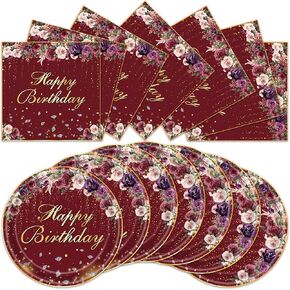 40Pcs Red Burgundy Birthday Party Supplies Burgundy Floral Paper Plates Napkins Burgundy Flower Birthday Party Tableware Set