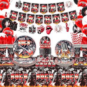 Rock and Roll Party Decorations, Including Happy Birthday Banner, Plate , Napkins, Tablecloth, Hanging Swirls, Cake Toppers, Balloons, Tablecloths, for Rock Music Theme Party Supplies