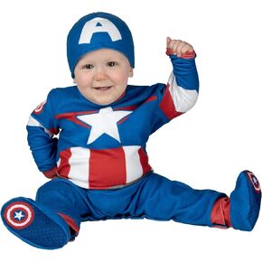 Marvel Captain America Official Infant Halloween Costume - Premium Minky Fabric Jumpsuit and Non-Slip Booties