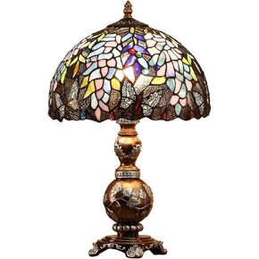 Bieye L10568 Wisteria Flowers Butterflies Tiffany Style Stained Glass Table Lamp with 12-inch Wide Lampshade, 19-inch Tall