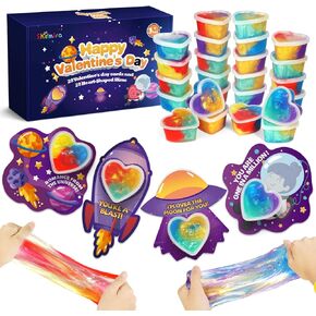 Valentines Day Cards for Kids- 28 Set of Heart Shape Galaxy Slime Toys and Cards Bulk for Valentine Exchange Gifts, Perfect School Classroom Valentines Party Favors,Valentine's Events and Prizes