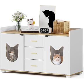 yitahome double cat stiter box poxplosure for 2 اثنين من القطط ، و 55 بوصة كبيرة اثنين من الأثاث قمامة القمامة مع أدراج للتخزين ، ومربع مزدوج الصندوق الخشبي حامل أبيض ، 55 "L x 19.7" W × 31.5 "H