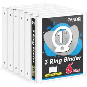 3 Ring Binder 1 Inch, PANDRI 6 Pack 1-Inch Binder Fits Letter Size 8.5'' x 11'' Paper, Versatile Binders for Office Home School, 2 Pockets, White
