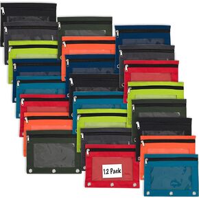 12 Pack Clear Pencil Pouch for 3 Ring Binder Bulk Pencil Pouch Bags for Binder with See Through Window and Zipper | Pencil Pouch Bundle for School, Office, Budgets (12 Pencil Cases in 8 Colors)