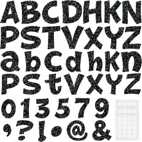 ReliThick 72 Pcs 4 Inch Glitter Bulletin Board Letters Chalkboard Classroom Letters Poster Cut Out Letters for Bulletin Boards with Adhesive Dot Alphabet 0-9 Number Symbol Punctuation Display (Black)