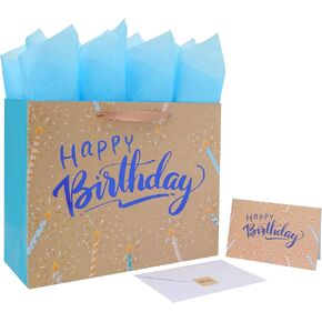 13" Large Brown Happy Birthday Gift Bag Set with Handles, Greeting Card, Tissue Papers and Stickers for Men Women Boys Girls Kids Teens, Blue Foil Design, 1 Pcs