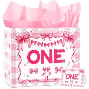 INCOK Pink Bow One Birthday Goodie Bags - Girls First Birthday Decoration Coquettte Bows Gift Bag with Wrapping Paper and Card, Large Bowtie Treatbag with Handle for Girl 1st Birth day Party Supply