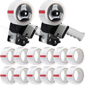 2 Pack Packing Tape Dispenser Gun with 12 Roll Packing Tape 2 Inch Gun 2.7 Mil Heavy Duty Packaging for Shipping, Moving, Carton and Box Sealing(Black and Red)
