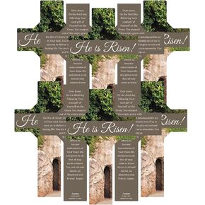 Needzo He is Risen! Cross-Shaped Bookmark with Empty Tomb Image, Easter Favor with Prayer on The Back, Pack of 10