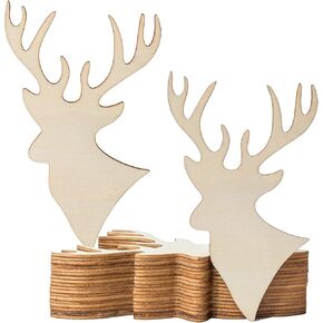 Deer Head Wooden Blank Wood with Art Unfinished Ornaments for Christmas Wedding Birthday Party Thanksgiving Day Decoration 20Pcs