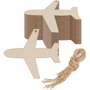 20pcs Plane Wood DIY Crafts Cutouts Blank Wooden Airplane Shaped Hanging Ornaments with Hole Hemp Ropes Wood Tags for Wedding Birthday Christmas Party Home Decorations