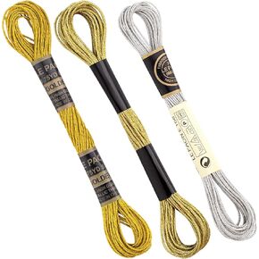 3 Skeins Metallic Embroidery Floss, Glitter Cross Stitch Thread, Polyester Embroidery String for Cross-Stitch Bracelet Strings Clothing Decorations DIY Sewing Art- Gold & Silver & Yellow