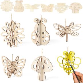 COcnny Spring Wooden Ornaments Craft - 12 Set Insect Unfinished Wood Craft Classroom Paint, DIY Painting Spring Hanging Decoration, Mushroom Butterfly Bee Cutouts Tag with Rope for Home School Party