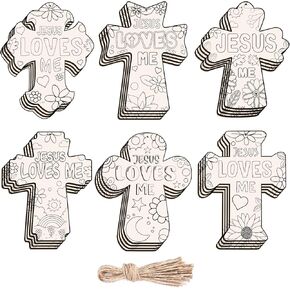 Subacy 12 PCS Unfinished Wooden Cross Cutouts Jesus Loves Crafts for Kids Religious Wood Cross Crafts Suitable for Families, Church and School Activities
