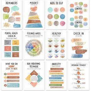 12 PCS Mental Health Posters-Printed Educational Publications Posters School Counselor Office Must Haves, Therapy Office Decor Feelings Wheel Maslows Hierarchy of Needs(10"x14")