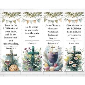 4PCS Easter Church Banners for Sanctuary Welcome Religious Easter Banners with Scripture Watercolor Easter Hanging Backdrop Banners Easter Church Porch Signs for Holiday Church Sunday School Decors