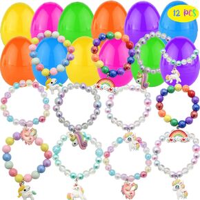 12 PCS Easter Eggs Prefilled with Unicorn Bracelets, Plastic Easter Eggs Filled Colorful Jewelry Bracelets Set for Kids Easter Party Favor Easter Basket Stuffer, Easter Classroom Prize Supplies