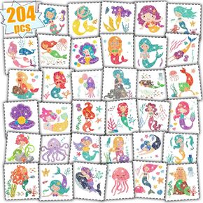 Partywind 204 Glitter Styles Mermaid Tattoos for Girls, 34 Sheets Mermaid Temporary Tattoo Stickers for Kids Party Supplies Favors, Mermaid Decorations for Girls Birthday Party
