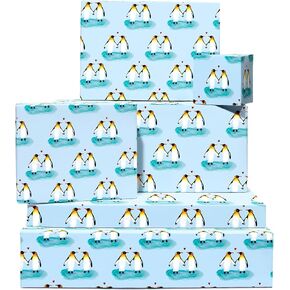 CENTRAL 23 6 Sheets of Blue Wrapping Paper - Penguins and Hearts - For Anniversary - Gift Wrap Sheets for Husband Wife - Valentines Day Wrapping Paper for Boyfriend Girlfriend - Recyclable