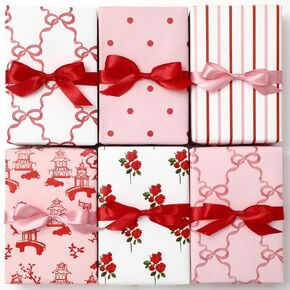 JarThenaAMCS 12 Sheet Bow Wrapping Paper -Not Roll- Red Pink Flower Dot Stripe Valentine's Day Gift Wrap Art Paper for Wedding Bridal Shower Anniversary, Folded Flat, 19.7 x 27.6 Inch