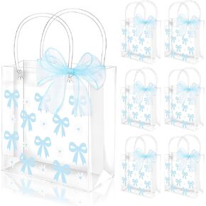 Whaline 12 Pcs Bow Coquette Clear PVC Gift Bags Blue Bowknot Daisy Flower Party Favor Bags with Handle Treat Tote Bags with Ribbon for Wedding Birthday Baby Shower