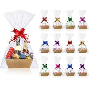 50 Pcs Empty Gift Basket Set 12 Basket for Gifts Empty Kraft Market Tray Cardboard Basket with Handles, 18 Bags, and 20 Multicolor Bows for Wedding Birthday Easter, 8 x 6 x 3 Inches
