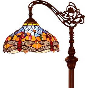 Bieye L10702 Dragonfly Tiffany Style Stained Glass Floor Reading Lamp with 12 Inch Wide Lampshade Metal Base, Adjustable Light Direction, 62 inch Tall, Blue Orange