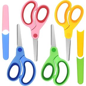 Kids Scissors, 4 PCS Craft Kid Scissors with Cover, Safety left Right Handed Scissors, Student Blunt Tip Scissors Child Age 3-5 8-12, Toddler Scrapbooking Kits